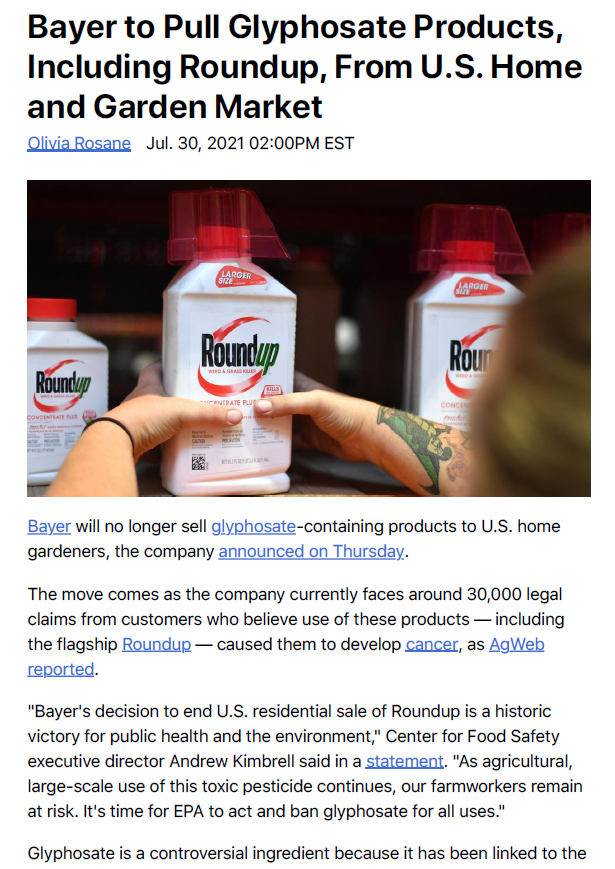 20210806 - Bayer to exit home and garden market glyphosate products